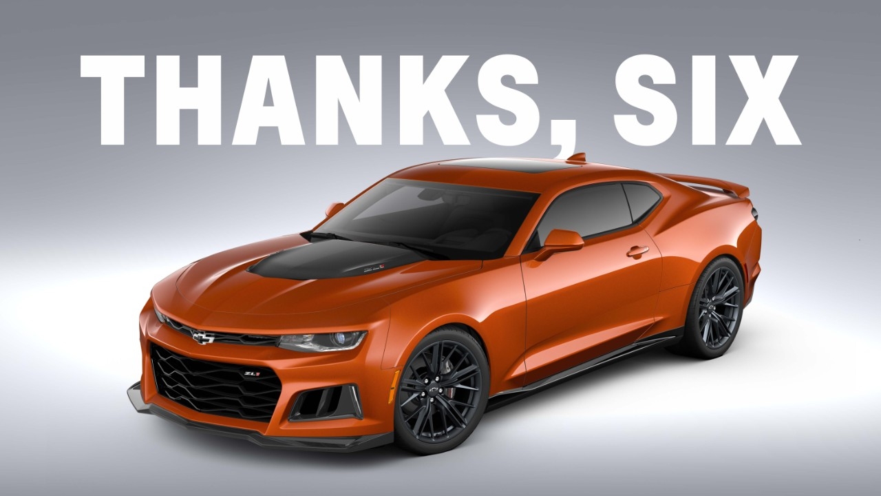 Offizielles Thanks Six Abschiedsmotiv mit orangefarbenem Chevrolet Camaro ZL1
