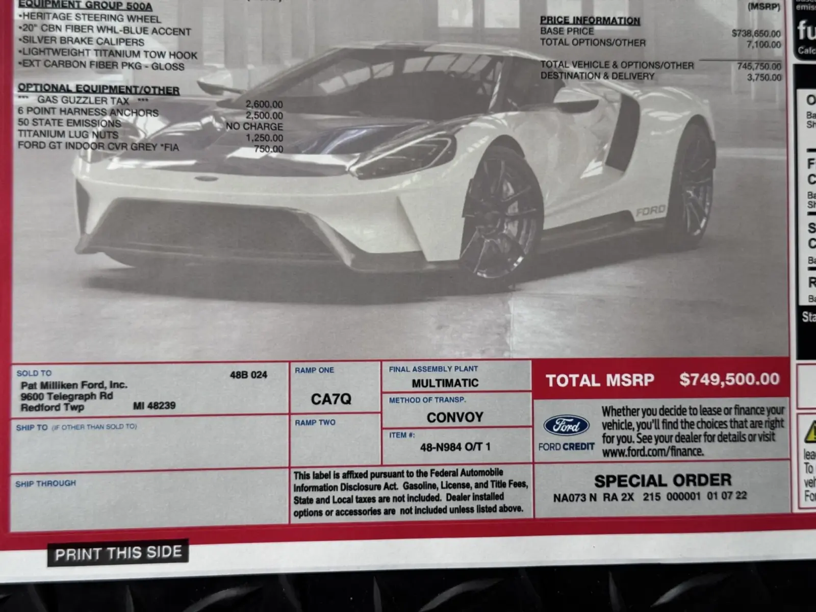 Window Sticker des 2022 Ford GT mit 749500 US-Dollar Gesamtpreis